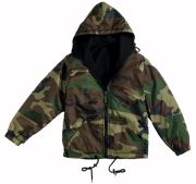 Woodland Camo Jacket w/Hood inNylon Reversible to Black.