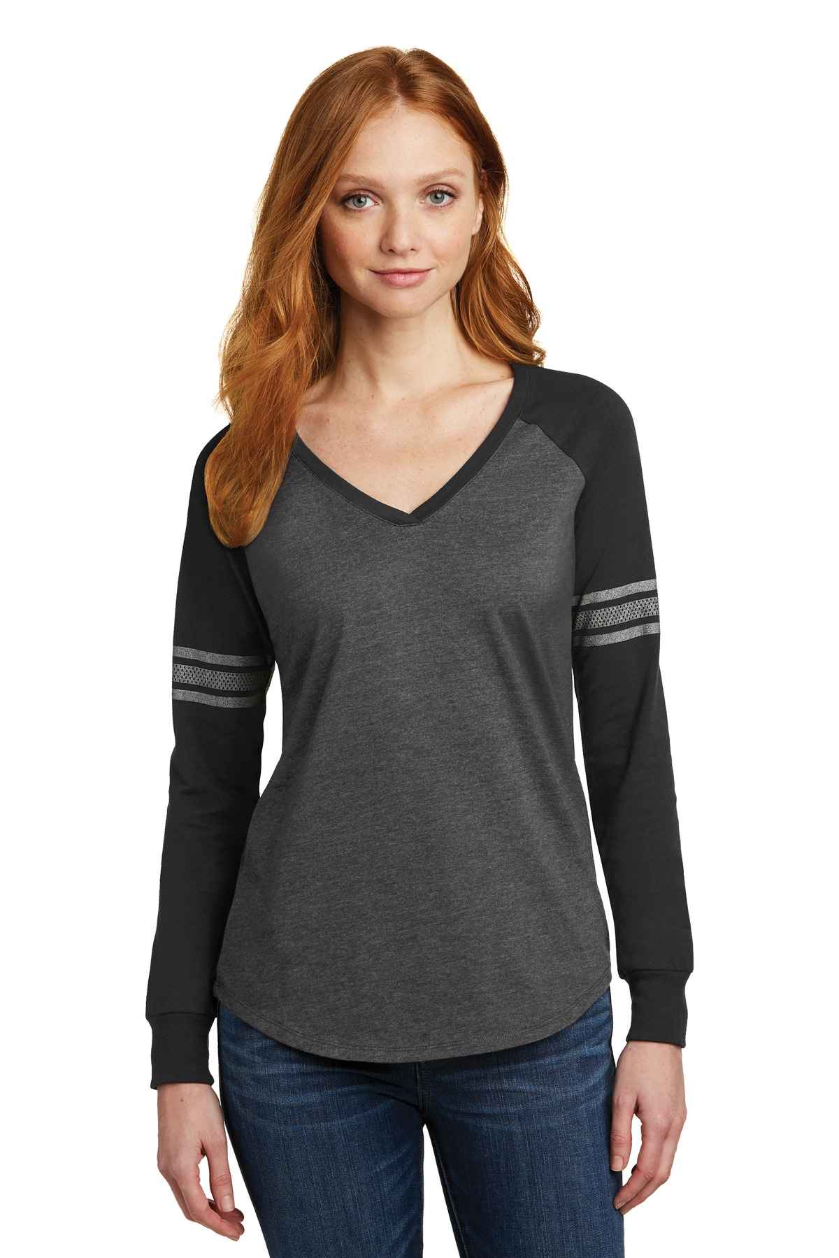 District Made Ladies Game Long Sleeve V-Neck Tee. DM477